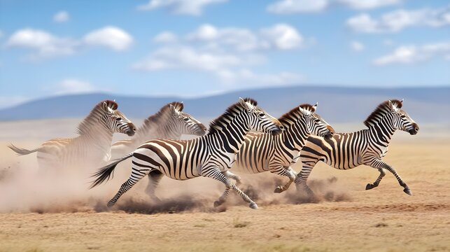 A dynamic scene of zebras galloping across an open savanna, creating a cloud of dust against a beautiful blue sky.