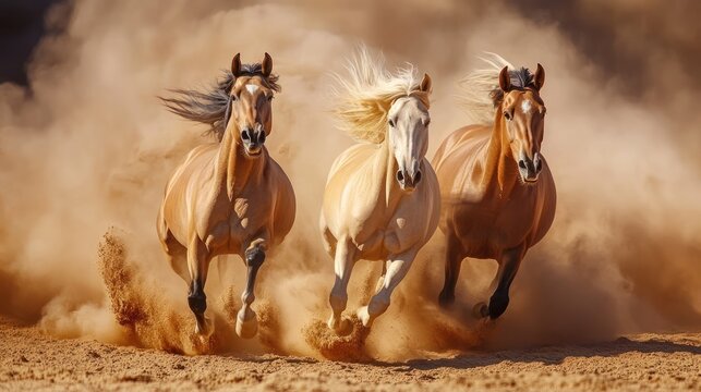 Portrait of a horse galloping in the desert dust.