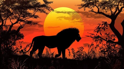 Silhouette of a jungle lion at sunset in the wild.