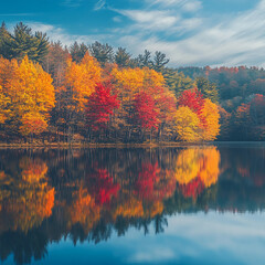 Obraz premium A beautiful autumn scene with a lake and trees. The trees are full of red leaves and the water is calm. The reflection of the trees and the sky can be seen in the water