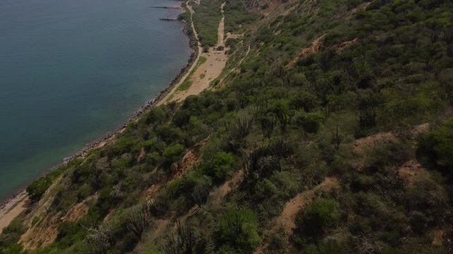 Aerial tracking by drone of a compact blue car, rolling on the ridge of a mountain, with arid vegetation and beach in the background
