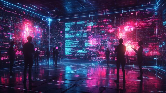 A 3D illustration of a team leader giving direction to a group of employees using digital tools and holographic charts to visualize the tactical plan. 3D illustration