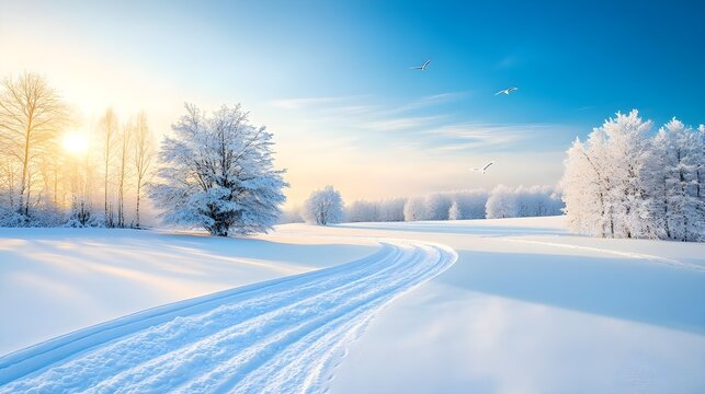 A serene winter landscape featuring snow-covered trees and a clear blue sky, creating a tranquil and picturesque scene.