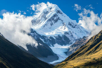 Majestic snow-capped mountain surrounded by clouds and valleys.