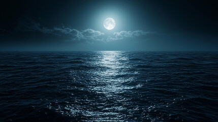 A large moon is reflected in the calm ocean waters. The scene is serene and peaceful, with the moonlight casting a soft glow on the water