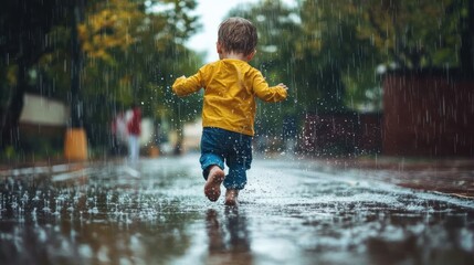 Boys playing on the wet road during the rain.