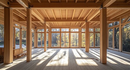 Fototapeta premium Modern Construction Site, Modern House Woodframe Building Under Construction