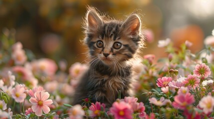 A small tabby kitten with large green eyes sits in a field of pink flowers, looking directly at the camera.