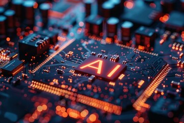 Obraz premium Close-up of a circuit board with the letters AI glowing red on a chip.
