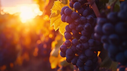 Fototapeta premium Close-up of ripe purple grapes in a vineyard at sunset.