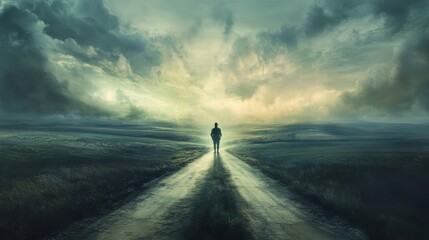 A man is walking down a road in a desolate landscape