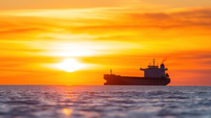 Fototapeta premium A cargo ship navigates the open sea as the sun sets, casting golden hues across the tranquil waters and creating a stunning backdrop