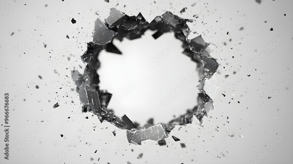 Poster an abstract image featuring a shattered surface, creating a dramatic hole with sharp glass fragments