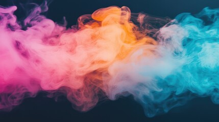 Obraz premium Colorful smoke flows gracefully against a dark backdrop, intertwining vibrant shades of pink, orange, and blue in dynamic patterns