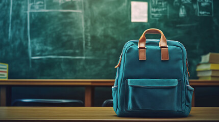 A teal school bag on the desk in front of a blackboard, green chalkboard background with copy space for text or design