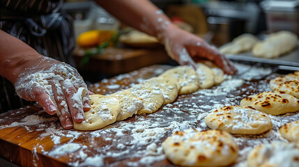 Woman's hands forming freshly prepared dough. Close-up of hands.