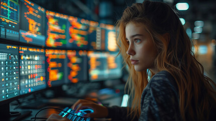 Female hacker in front of computer monitor in dark office.