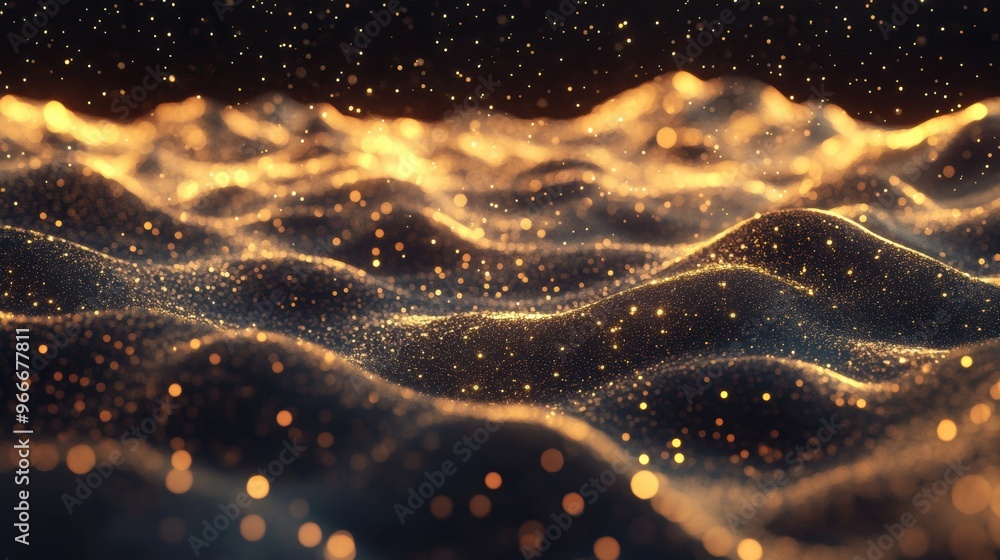 Poster golden particles flow and shimmer in dark space, creating dynamic waves that emit a warm