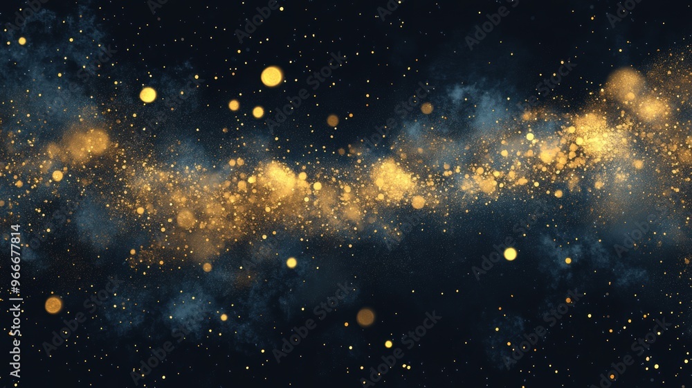 Poster a stunning array of golden glitter particles sparkles against a deep dark backdrop, evoking a sense 
