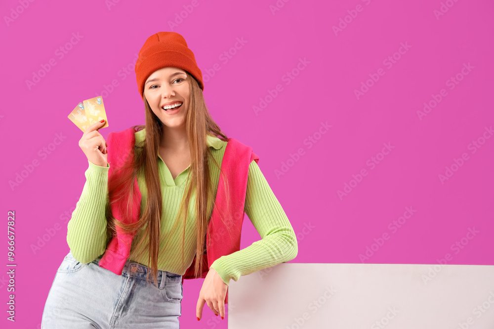 Sticker young woman with credit card and blank poster on purple background