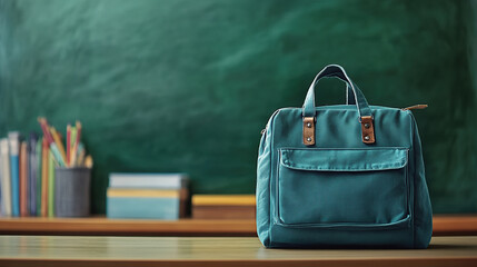 A teal school bag on the desk in front of a blackboard, green chalkboard background with copy space for text or design