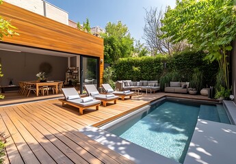 Fototapeta premium Summer View Of The Swimming Pool In A Modern Patio At Backyard