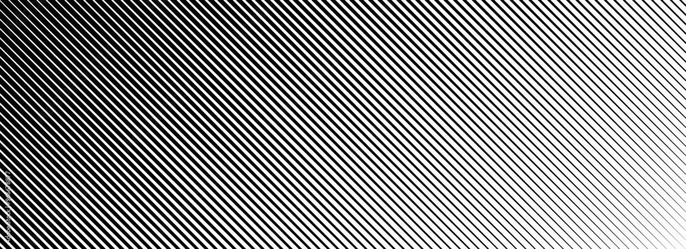 Poster Oblique line halftone gradation texture. Fading diagonal stripe gradient background. Black slant lines pattern backdrop. Vanishing thin parallel stripes wallpaper for overlay, print, cover. Vector