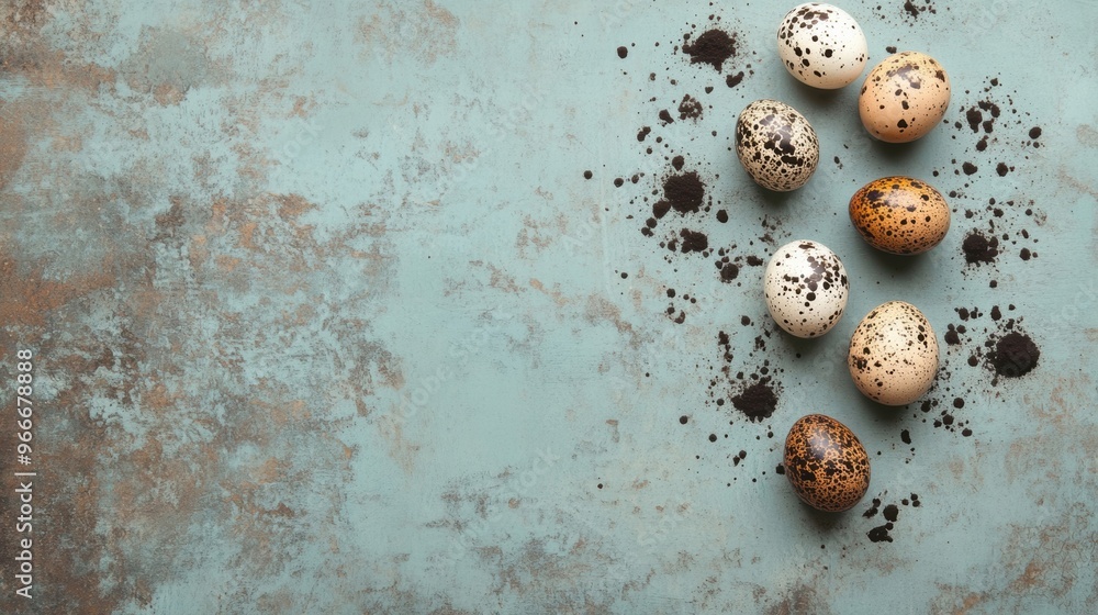 Poster quail eggs are neatly arranged on a rustic wooden table, surrounded by earthy elements that enhance 