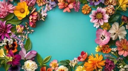 Fototapeta premium Colorful Floral Frame on Turquoise Background