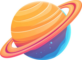 A colorful representation of a planet with rings, showcasing vibrant orange and blue hues isolated on transparent background.