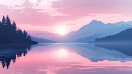 Fototapeta premium A beautiful mountain range with a pink and purple sky. The sun is setting and the water is calm