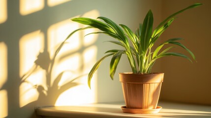Sunlight streaming through the windows highlights indoor plants, casting intricate shadows in a warm, inviting space during the afternoon