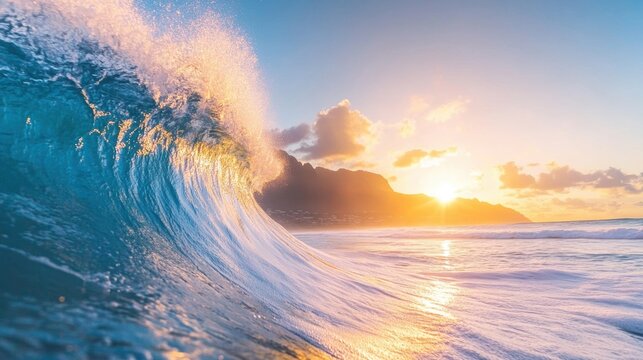 A vibrant wave collides with the sandy beach as the sun sets, casting stunning reflections and illuminating the sky with warm hues