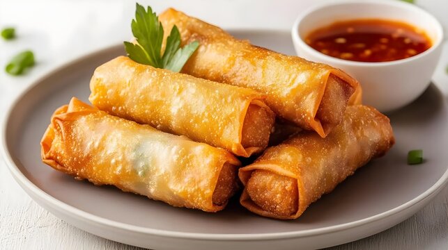 Delicious crispy spring rolls served with a tangy dipping sauce, perfect for appetizers or snacks.