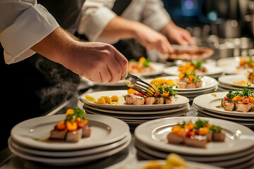 Chef garnishing exquisite plate of food   
