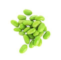 Raw green edamame soybeans isolated on white, top view