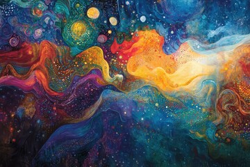 Abstract Painting of a Cosmic Landscape with Swirling Colors and Planets