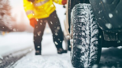 A worker checks the tread of a winter car tire while standing in snow, ensuring safety for winter driving