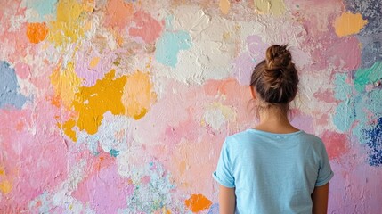 Obraz premium A young girl passionately paints against a backdrop of bright, colorful textures, immersed in her artistic expression