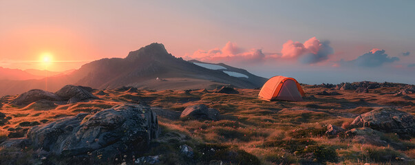 Tent on Rocky Mountain Peak at Sunset