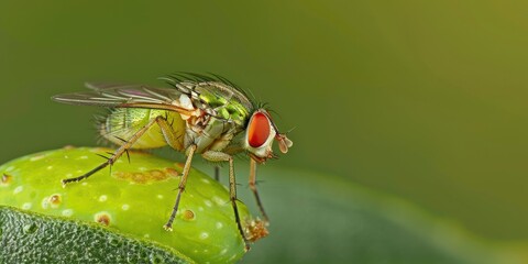 Olive Fruit Fly Bactrocera oleae on a Green Olive Fruit Female Fly Ready to Sting Berry Causing Economic Damage in Orchards due to Hatching Larvae Biological Invasion