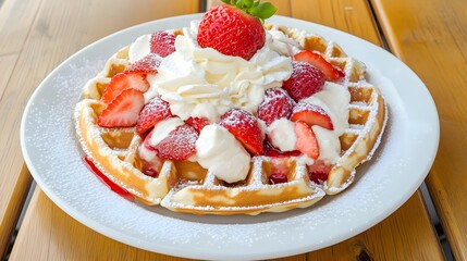 Delicious waffle topped with fresh strawberries, whipped cream, and a sprinkle of powdered sugar on a wooden table.