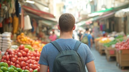 Obraz premium A backpacker strolls down a lively Mediterranean market street, surrounded by colorful displays of fresh fruits and informal vendors