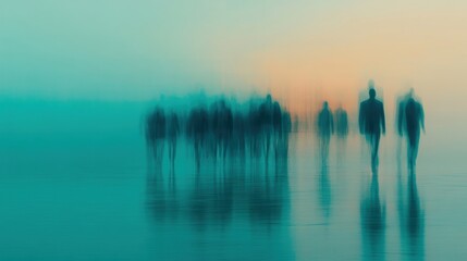 Groups of indistinct figures move through a contemporary environment as twilight casts soft colors across the scene