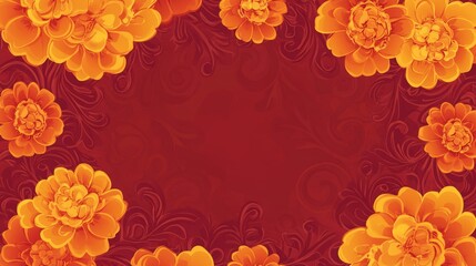 Festive Marigold Floral Frame on Red Background for Design with Mexican Patterns and Swirls