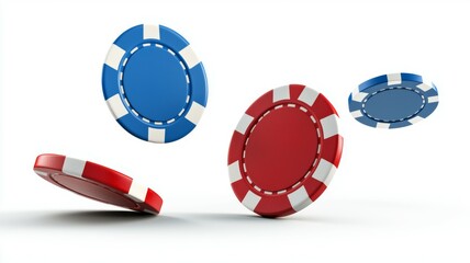 A pile of red, white and blue poker chips are flying through the air