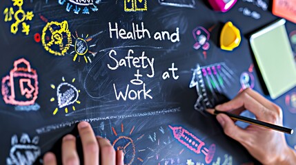 A hand writes "Health and Safety at Work" on a blackboard, surrounded by safety symbols, promoting workplace safety.