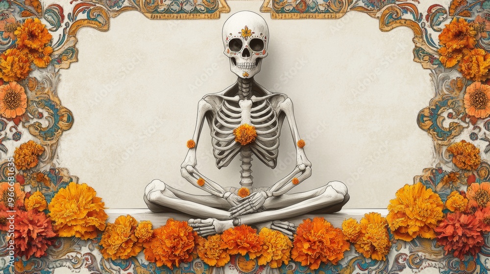 Wall mural elegant dia de los muertos skeleton surrounded by marigold flowers, sugar skulls, and vibrant patter