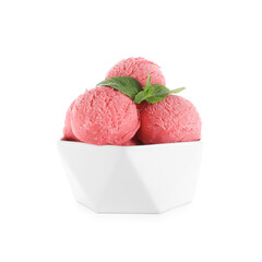 Scoops of tasty watermelon sorbet with mint in bowl isolated on white