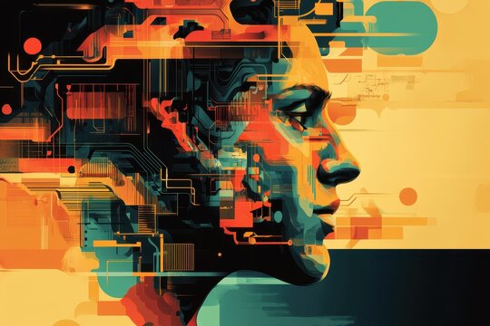 Abstract Digital Portrait with Circuitry and Geometric Shapes - Powered by Adobe